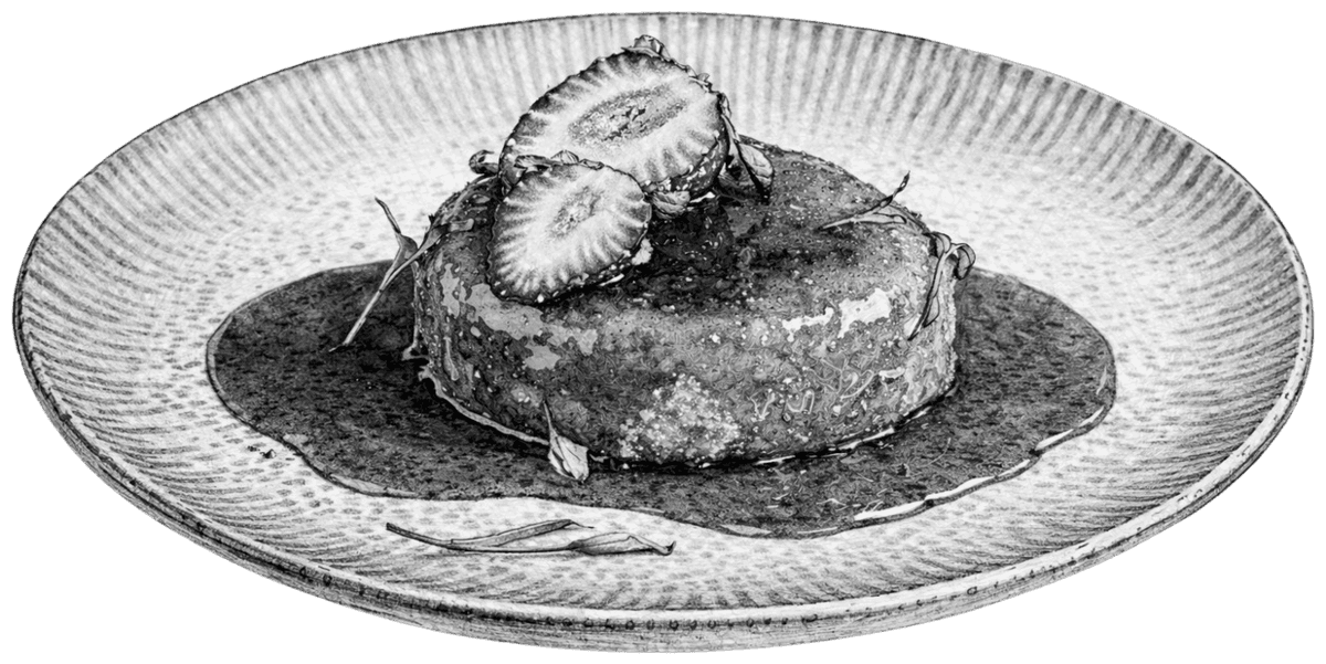 Gravura do prato Queijo brie crocante com geleia de morango e mel trufado